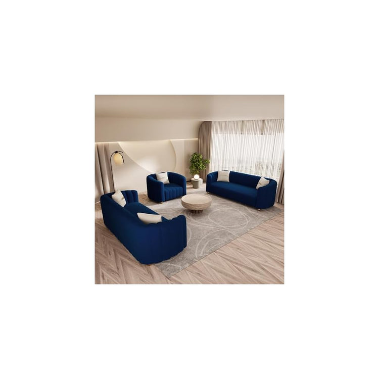 Modern 3-Piece Blue Velvet Sofa Set for Living Room, Tufted Curved Couch Set with Gold Metal Sphere Legs (Blue, 1+3+3 Set)