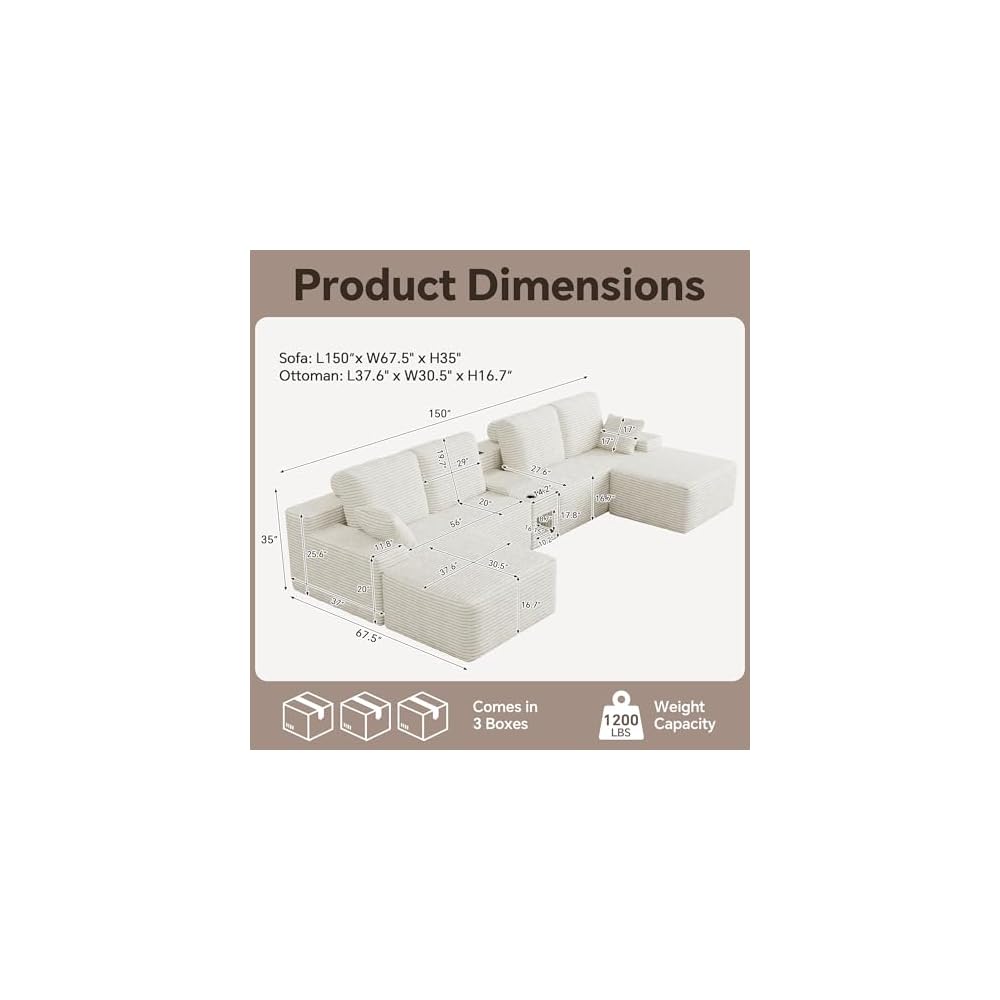 150" Oversized U-Shaped Modular Sectional Sofa