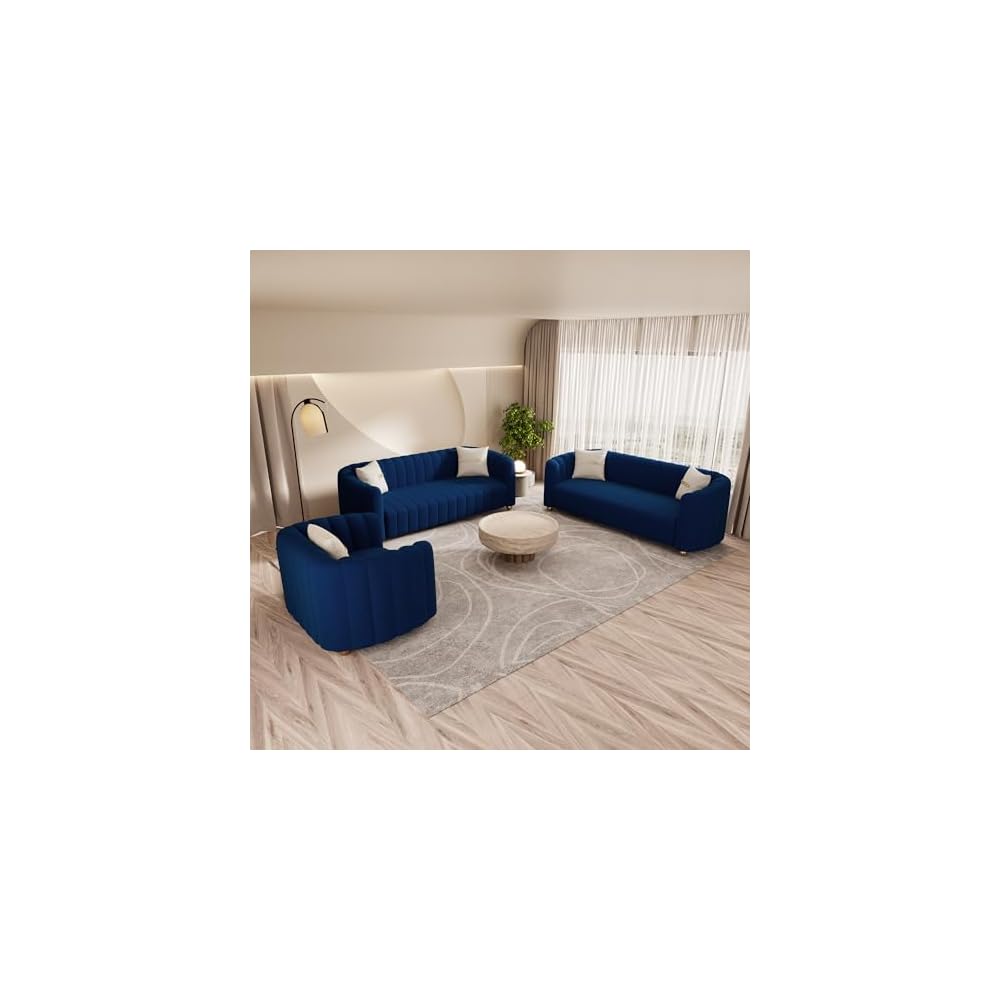 Modern 3-Piece Blue Velvet Sofa Set for Living Room, Tufted Curved Couch Set with Gold Metal Sphere Legs (Blue, 1+3+3 Set)