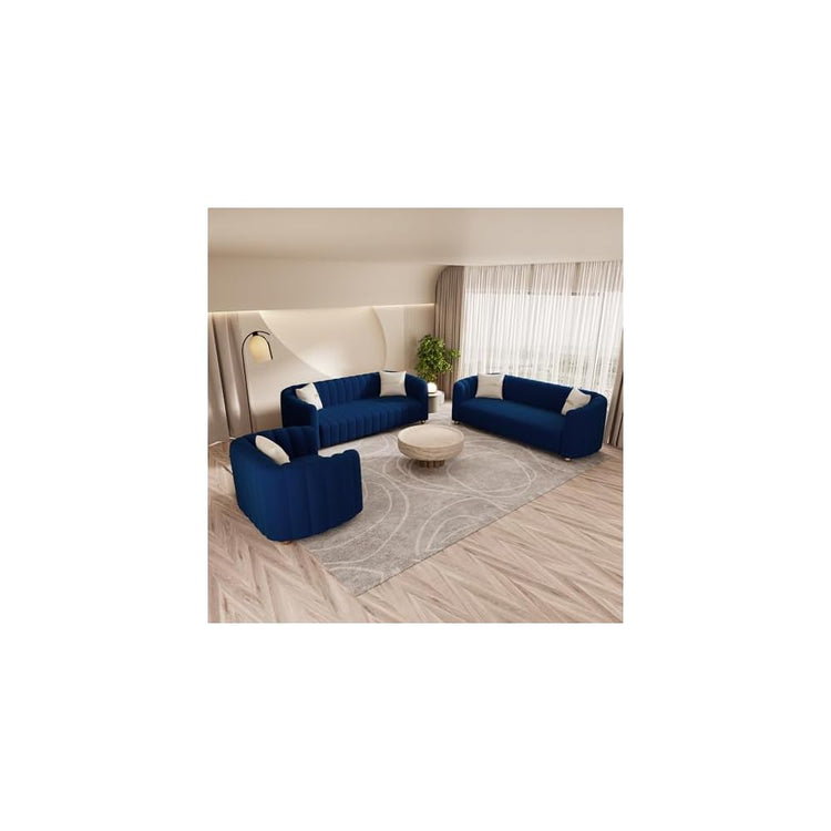 Modern 3-Piece Blue Velvet Sofa Set for Living Room, Tufted Curved Couch Set with Gold Metal Sphere Legs (Blue, 1+3+3 Set)