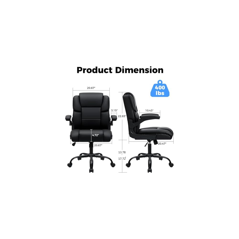 HOFFREE Leather Office Chair Home Computer Desk Chairs with Flip-up Arms and Swivel Wheels Adjustable Height PU Leather Mid Back Ergonomic Executive Office Chair for Short People Black