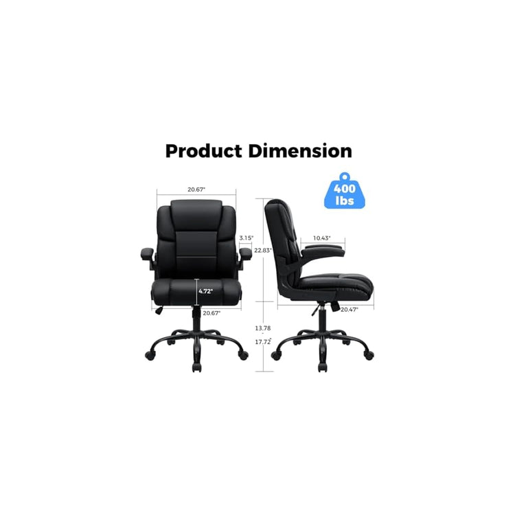 HOFFREE Leather Office Chair Home Computer Desk Chairs with Flip-up Arms and Swivel Wheels Adjustable Height PU Leather Mid Back Ergonomic Executive Office Chair for Short People Black