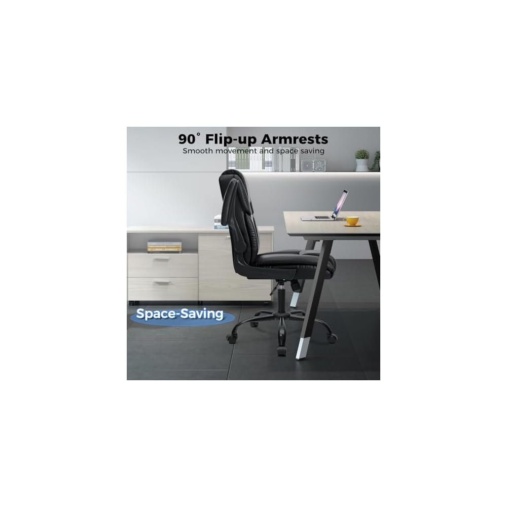 HOFFREE Leather Office Chair Home Computer Desk Chairs with Flip-up Arms and Swivel Wheels Adjustable Height PU Leather Mid Back Ergonomic Executive Office Chair for Short People Black