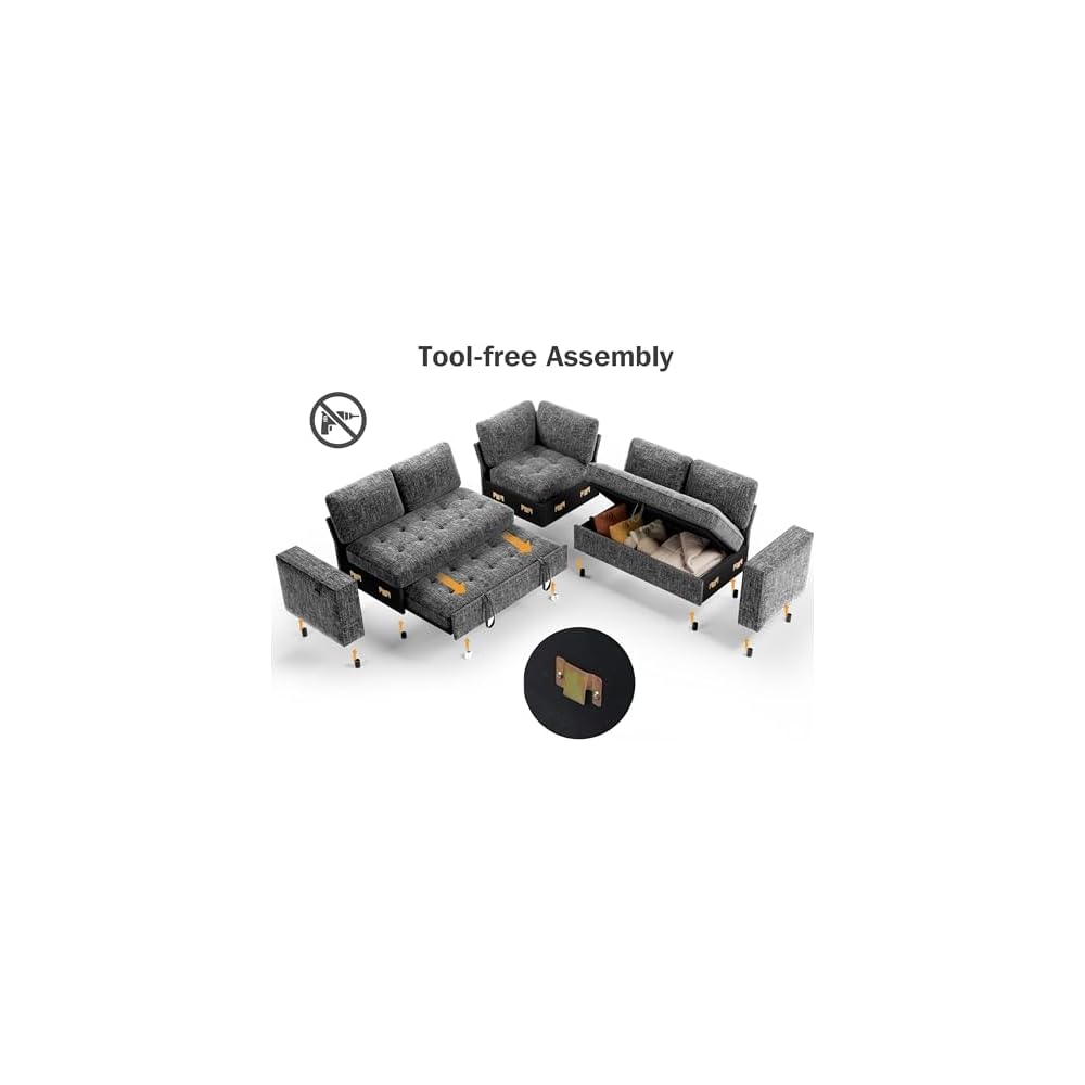 Vipbear 5 Seat L Shaped Modular Sectional Sleeper Sofa Bed with Pull Out Bed/Reclining Backrest/USB Ports/Storage Seat, Sectional Sleeper Couch, Tool-Free Assembly, Chenille Dark Grey
