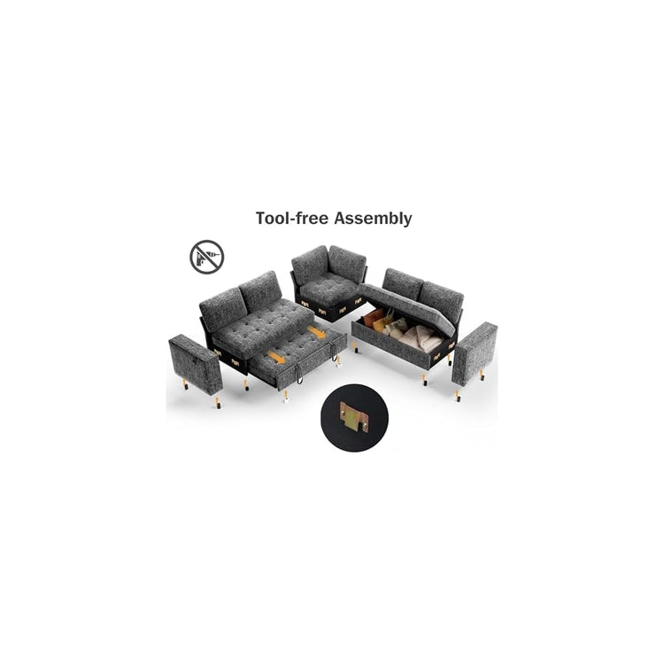 Vipbear 5 Seat L Shaped Modular Sectional Sleeper Sofa Bed with Pull Out Bed/Reclining Backrest/USB Ports/Storage Seat, Sectional Sleeper Couch, Tool-Free Assembly, Chenille Dark Grey