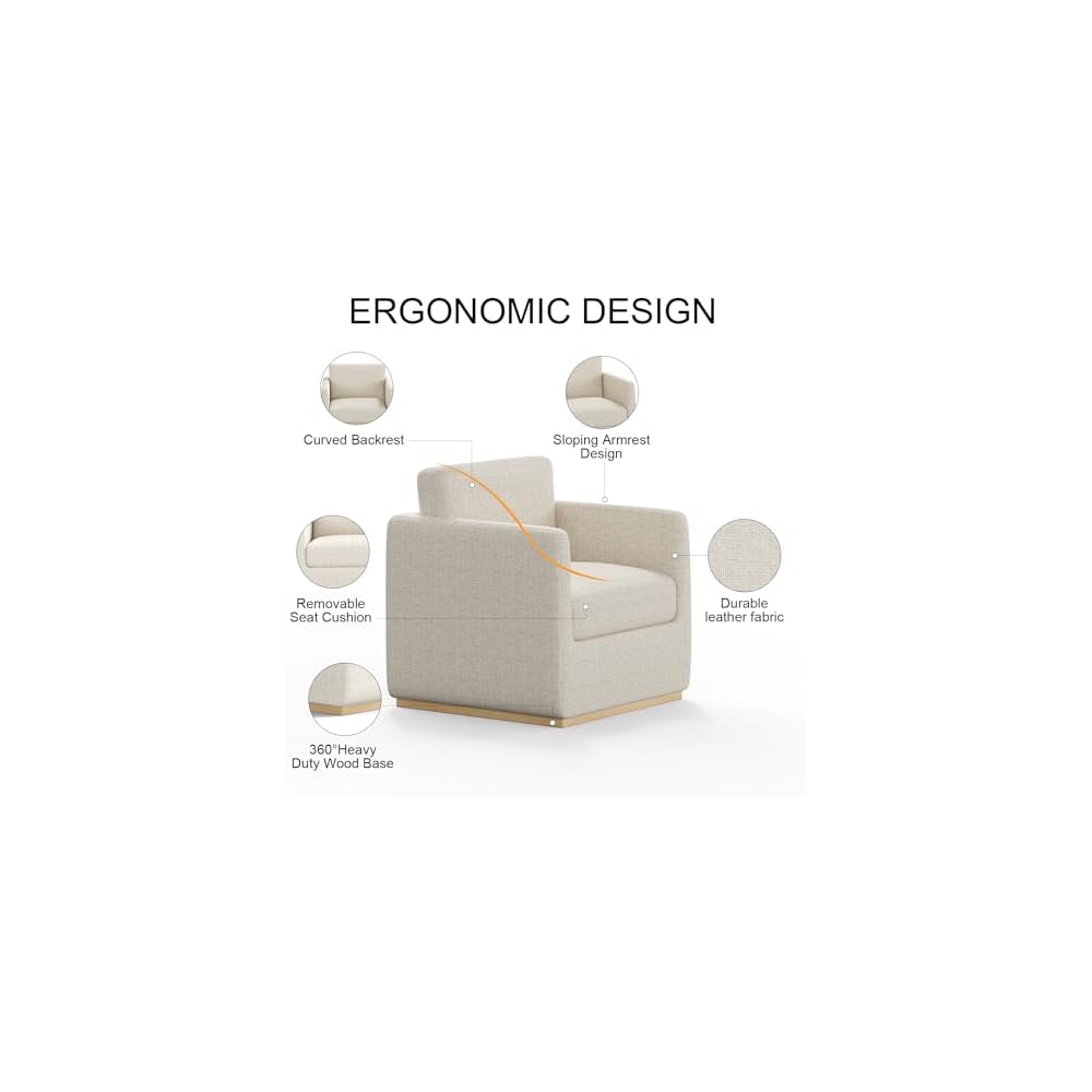 Swivel Barrel Chair, Premium Comfy Round Accent Chair for Living Room, Mid Century Modern Reading Chair for Adults, Wingback Armchair for Small Spaces, Bedroom Side Chairs for Home/Office/Linen Beige