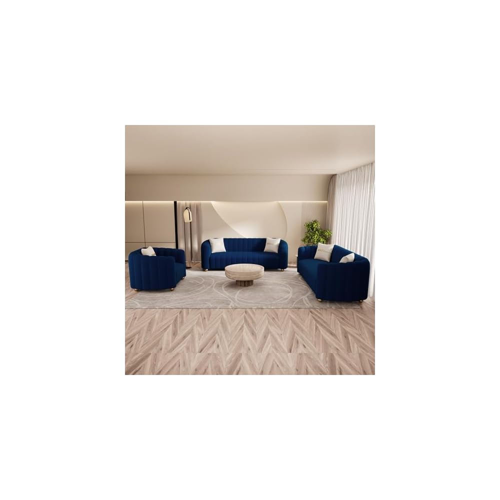 Modern 3-Piece Blue Velvet Sofa Set for Living Room, Tufted Curved Couch Set with Gold Metal Sphere Legs (Blue, 1+3+3 Set)