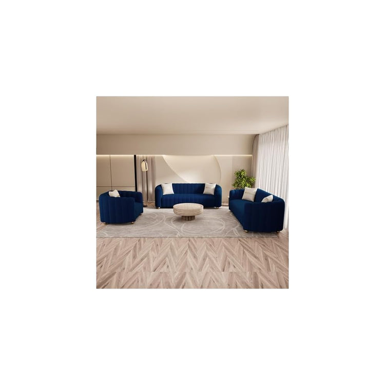 Modern 3-Piece Blue Velvet Sofa Set for Living Room, Tufted Curved Couch Set with Gold Metal Sphere Legs (Blue, 1+3+3 Set)