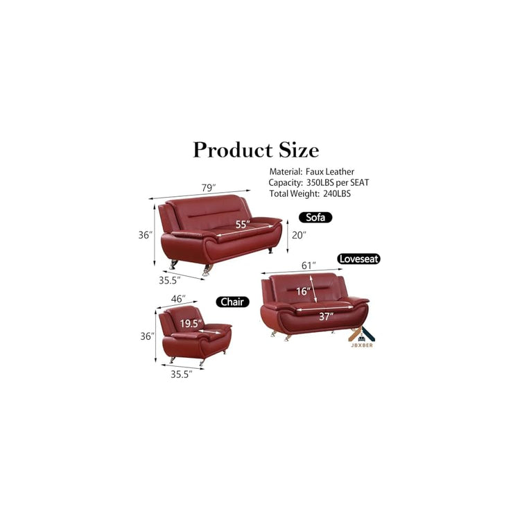 Living Room Furniture Set for Living Room, Faux Leather Couch Sets, Modern Couch for Apartment, Home, Office(Sofa and Chair,Red)