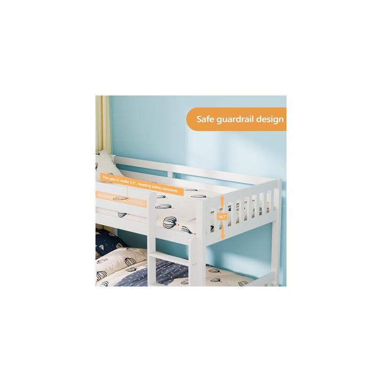 JOYMOR Solid Wood Low Twin Over Twin Bunk Bed for Kids/Junior, Bunk Bed Frame with Guardrails & Ladder for Boys Girls, No Box Spring Needed (White)