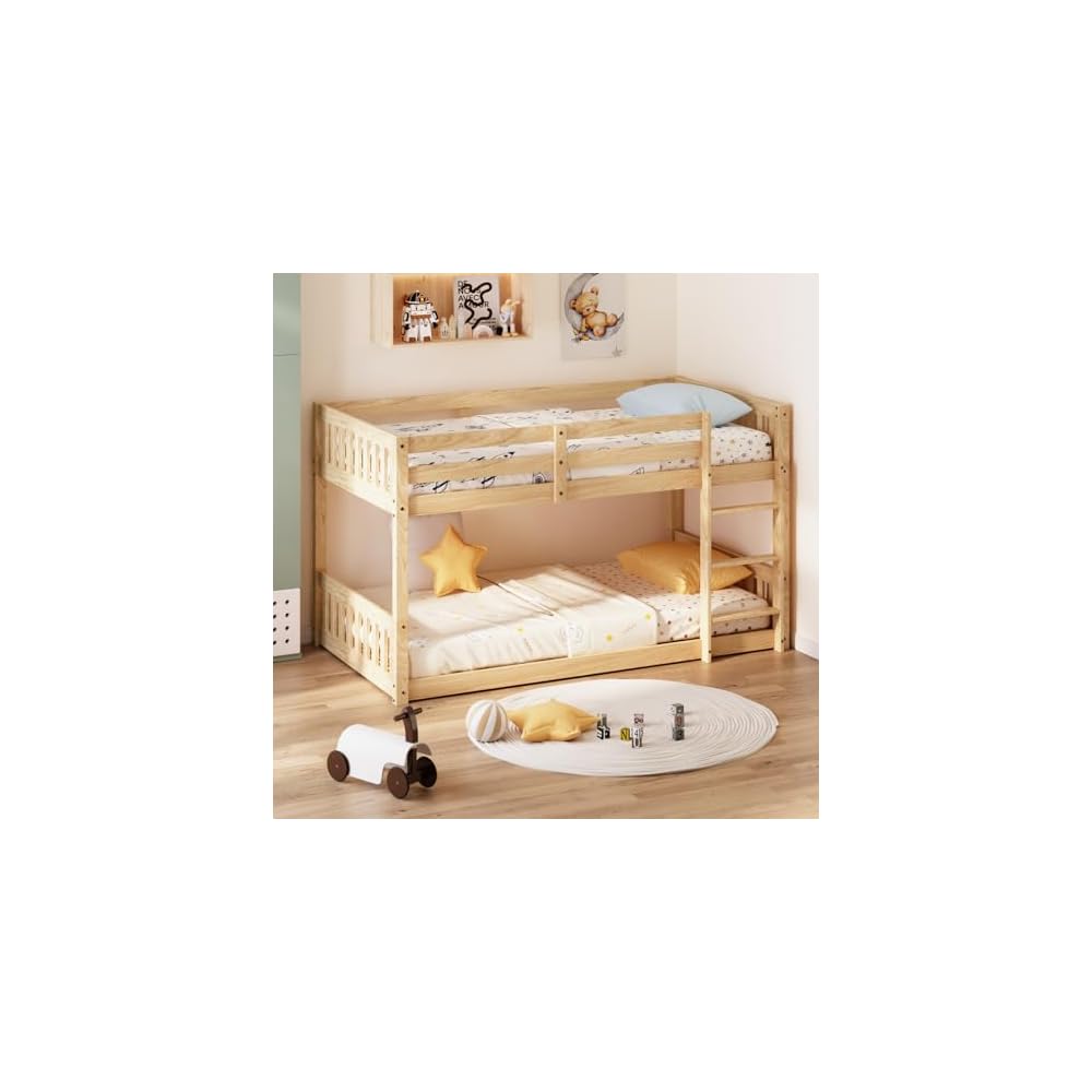 JOYMOR Solid Wood Low Twin Over Twin Bunk Bed for Kids/Junior, Bunk Bed Frame with Guardrails & Ladder for Boys Girls, No Box Spring Needed (White)