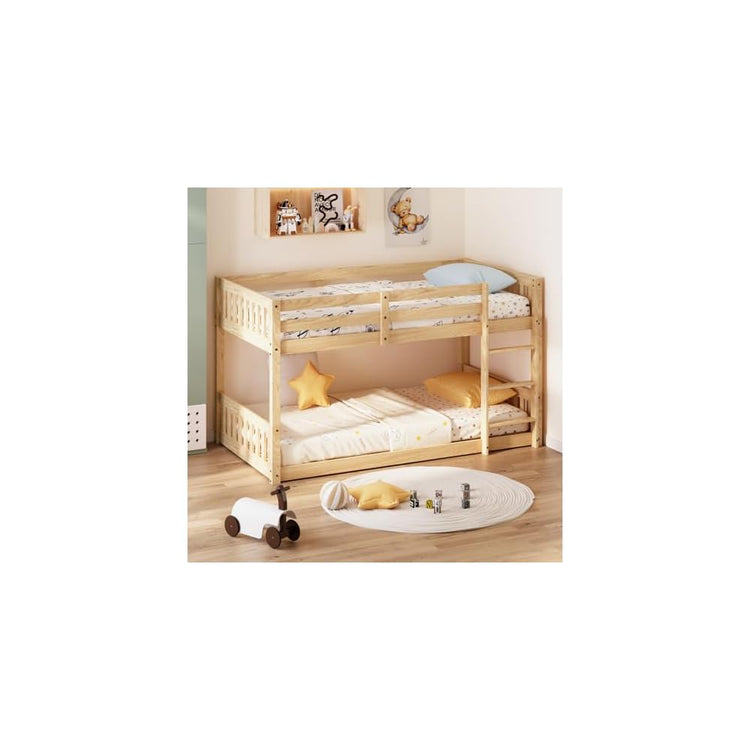 JOYMOR Solid Wood Low Twin Over Twin Bunk Bed for Kids/Junior, Bunk Bed Frame with Guardrails & Ladder for Boys Girls, No Box Spring Needed (White)