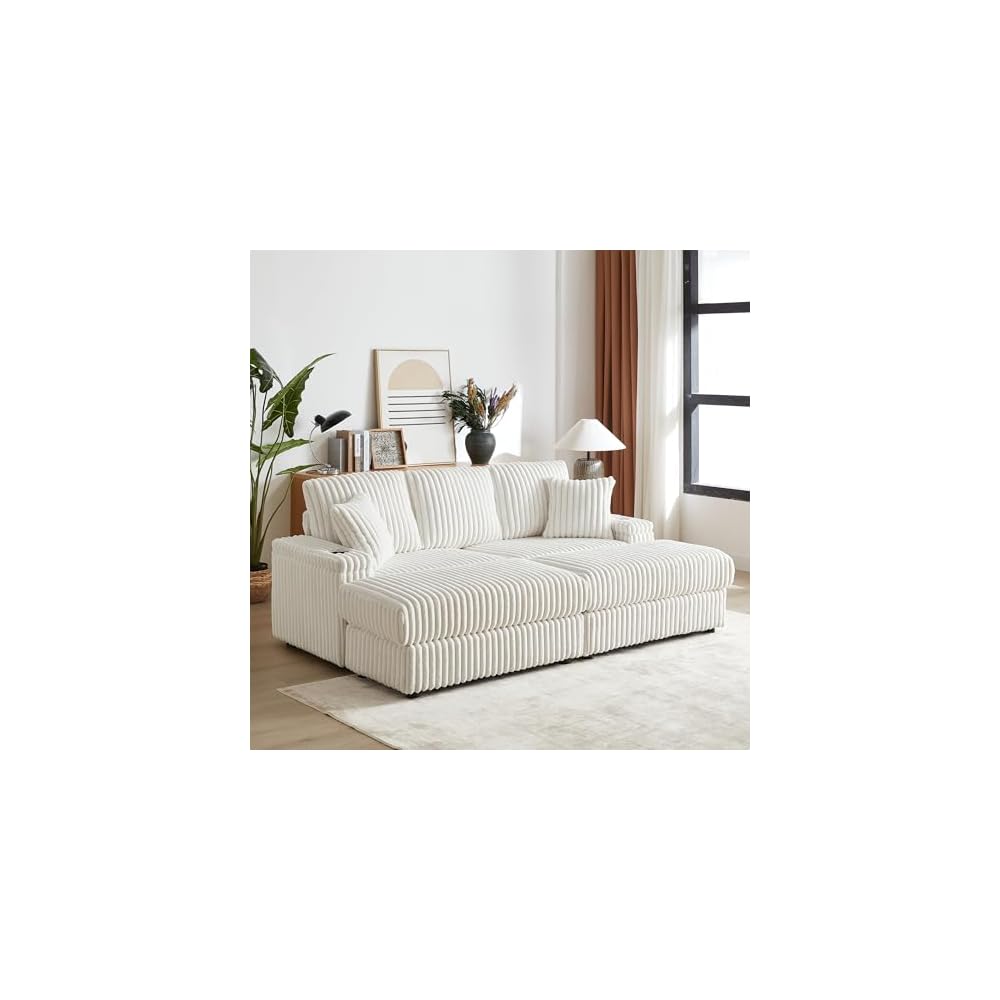 84Inch Corduroy 3-Seater Sofa with 3 Back Pillows,2 toss Pillows, a Ottoman,2storage Spaces and Cup-Holding Grooves Comfy Sofa- Deep Seat Couch for Living Room,Beige