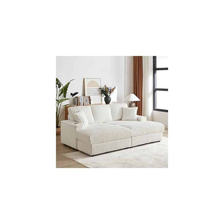 84Inch Corduroy 3-Seater Sofa with 3 Back Pillows,2 toss Pillows, a Ottoman,2storage Spaces and Cup-Holding Grooves Comfy Sofa- Deep Seat Couch for Living Room,Beige