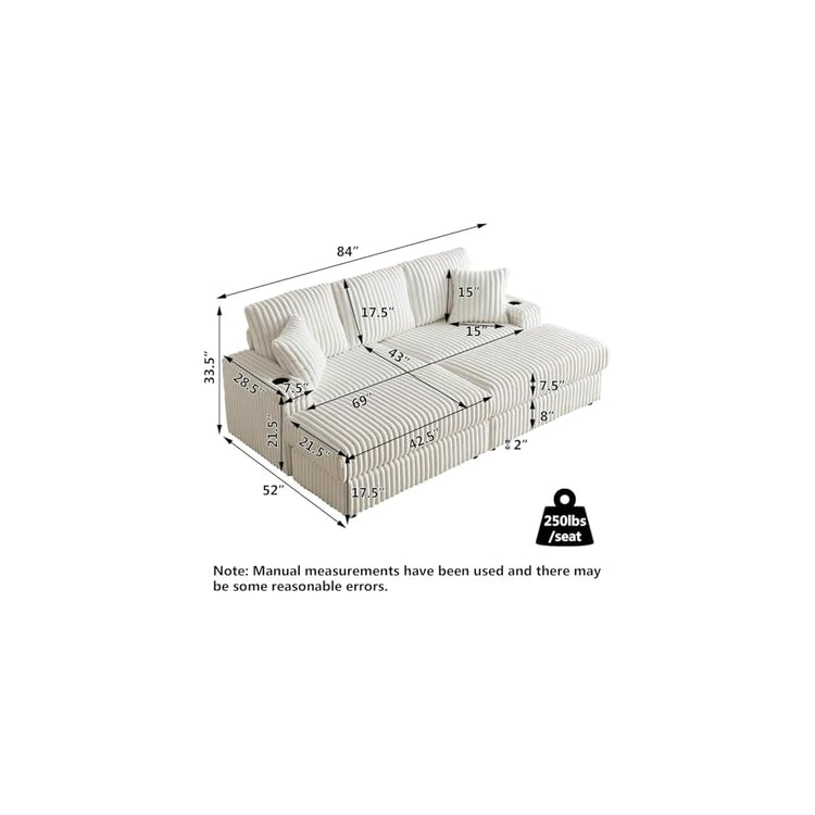 84Inch Corduroy 3-Seater Sofa with 3 Back Pillows,2 toss Pillows, a Ottoman,2storage Spaces and Cup-Holding Grooves Comfy Sofa- Deep Seat Couch for Living Room,Beige