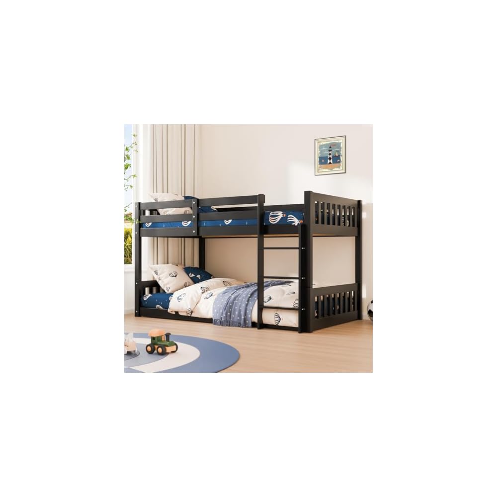 JOYMOR Solid Wood Low Twin Over Twin Bunk Bed for Kids/Junior, Bunk Bed Frame with Guardrails & Ladder for Boys Girls, No Box Spring Needed (White)