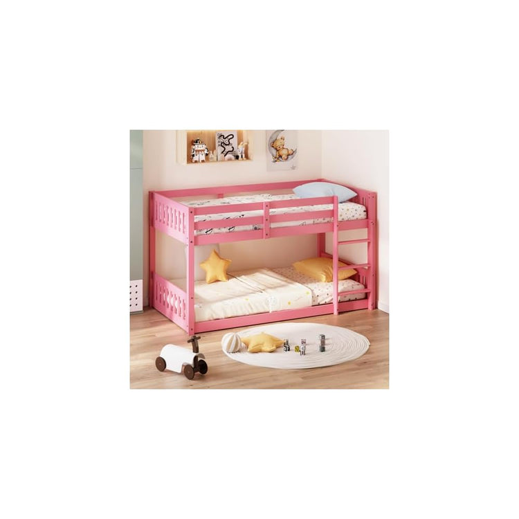 JOYMOR Solid Wood Low Twin Over Twin Bunk Bed for Kids/Junior, Bunk Bed Frame with Guardrails & Ladder for Boys Girls, No Box Spring Needed (White)