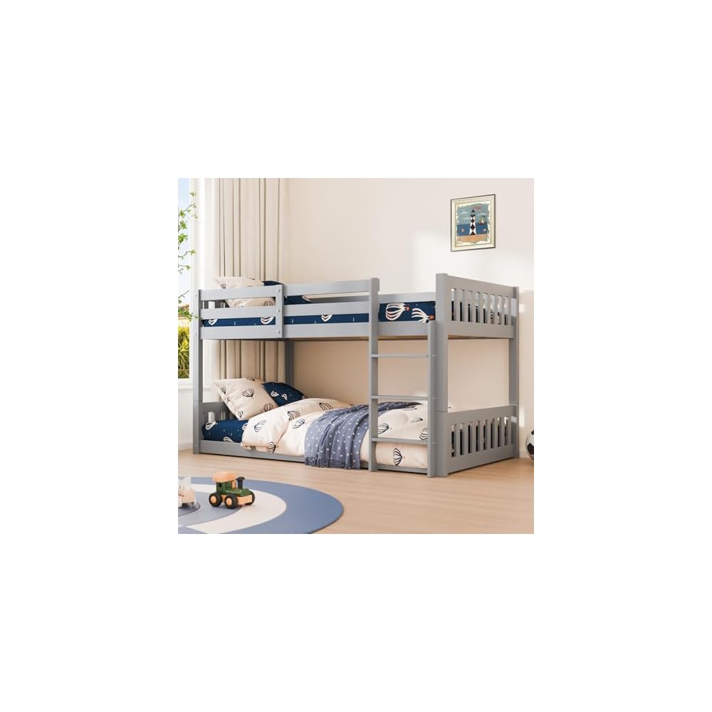 JOYMOR Solid Wood Low Twin Over Twin Bunk Bed for Kids/Junior, Bunk Bed Frame with Guardrails & Ladder for Boys Girls, No Box Spring Needed (White)