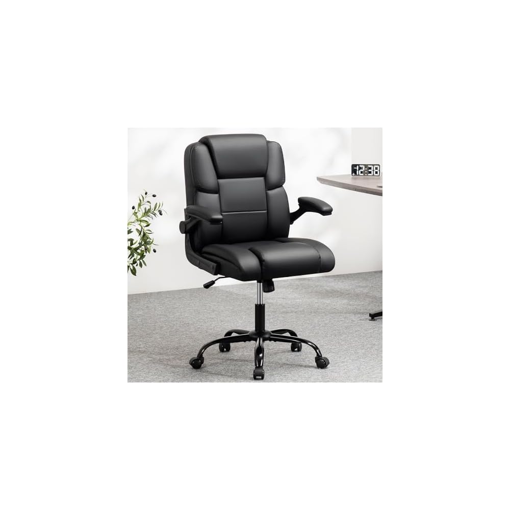 HOFFREE Leather Office Chair Home Computer Desk Chairs with Flip-up Arms and Swivel Wheels Adjustable Height PU Leather Mid Back Ergonomic Executive Office Chair for Short People Black