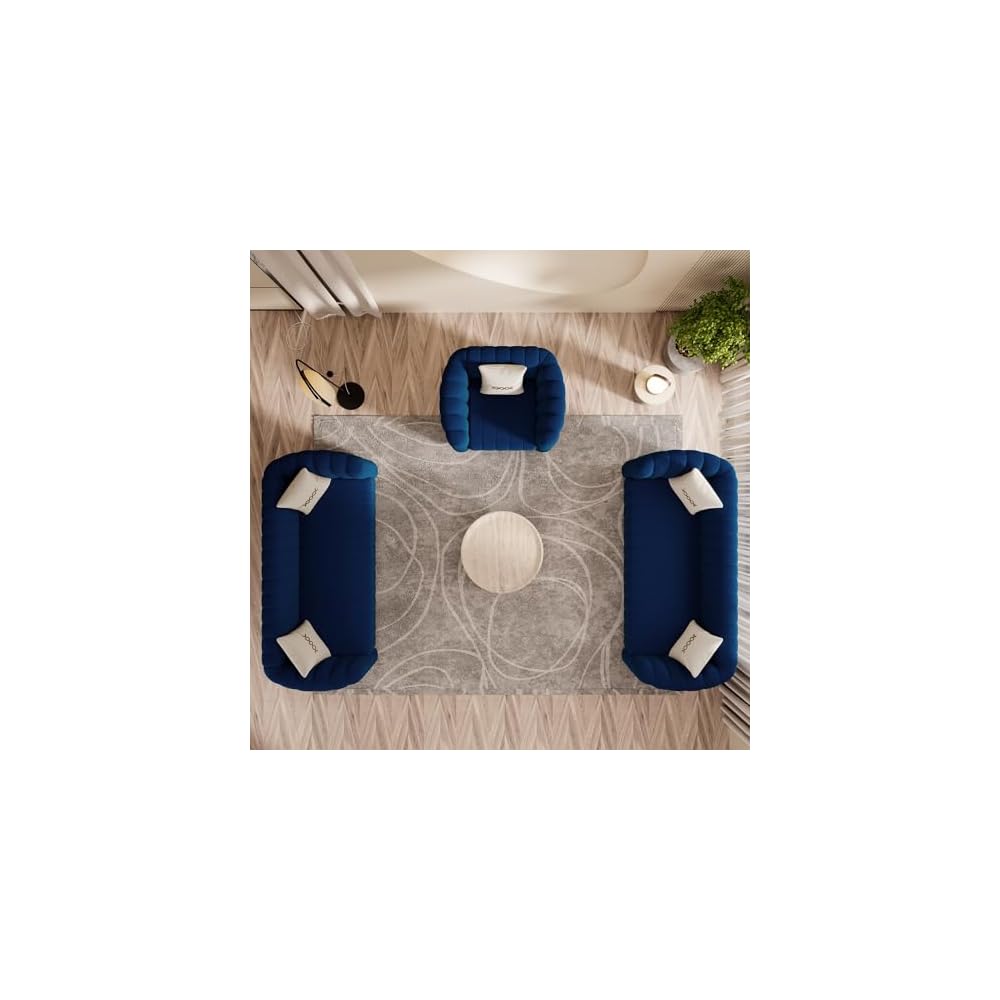 Modern 3-Piece Blue Velvet Sofa Set for Living Room, Tufted Curved Couch Set with Gold Metal Sphere Legs (Blue, 1+3+3 Set)