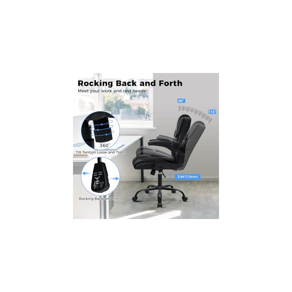 HOFFREE Leather Office Chair Home Computer Desk Chairs with Flip-up Arms and Swivel Wheels Adjustable Height PU Leather Mid Back Ergonomic Executive Office Chair for Short People Black