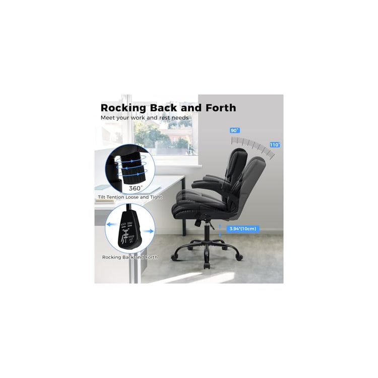 HOFFREE Leather Office Chair Home Computer Desk Chairs with Flip-up Arms and Swivel Wheels Adjustable Height PU Leather Mid Back Ergonomic Executive Office Chair for Short People Black