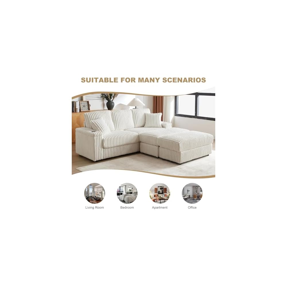84Inch Corduroy 3-Seater Sofa with 3 Back Pillows,2 toss Pillows, a Ottoman,2storage Spaces and Cup-Holding Grooves Comfy Sofa- Deep Seat Couch for Living Room,Beige