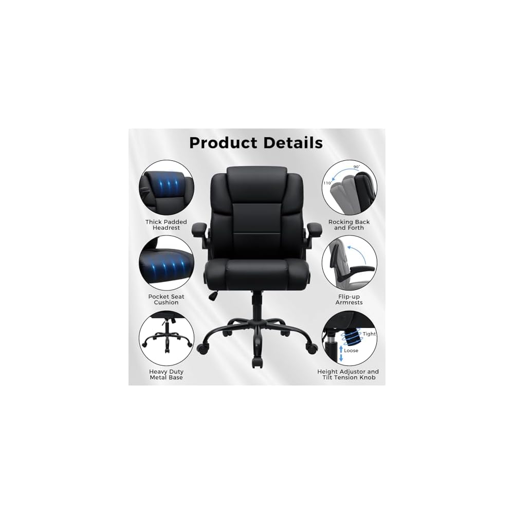 HOFFREE Leather Office Chair Home Computer Desk Chairs with Flip-up Arms and Swivel Wheels Adjustable Height PU Leather Mid Back Ergonomic Executive Office Chair for Short People Black