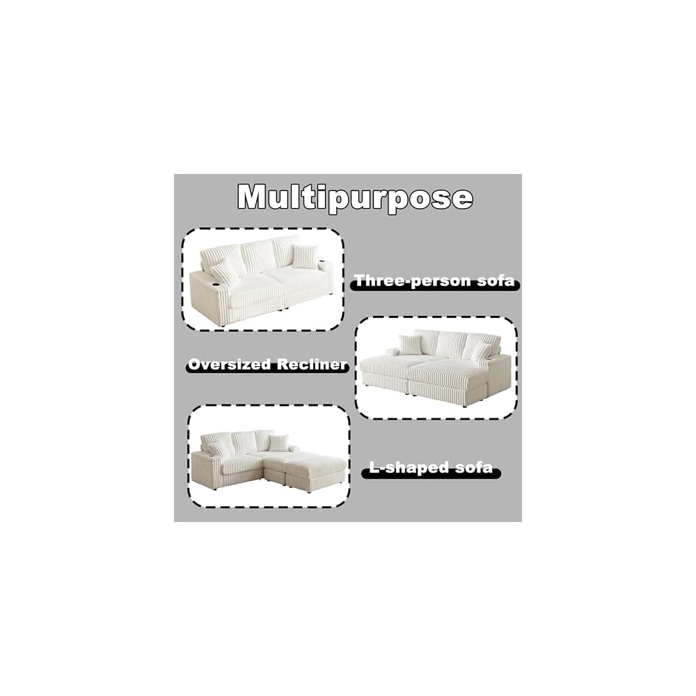 84Inch Corduroy 3-Seater Sofa with 3 Back Pillows,2 toss Pillows, a Ottoman,2storage Spaces and Cup-Holding Grooves Comfy Sofa- Deep Seat Couch for Living Room,Beige