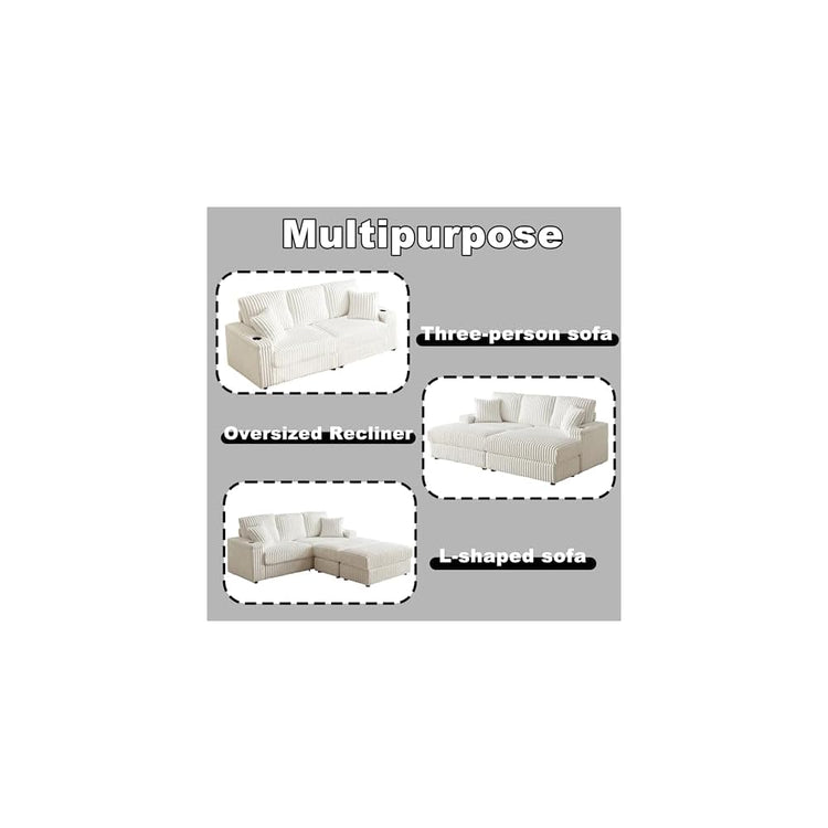 84Inch Corduroy 3-Seater Sofa with 3 Back Pillows,2 toss Pillows, a Ottoman,2storage Spaces and Cup-Holding Grooves Comfy Sofa- Deep Seat Couch for Living Room,Beige