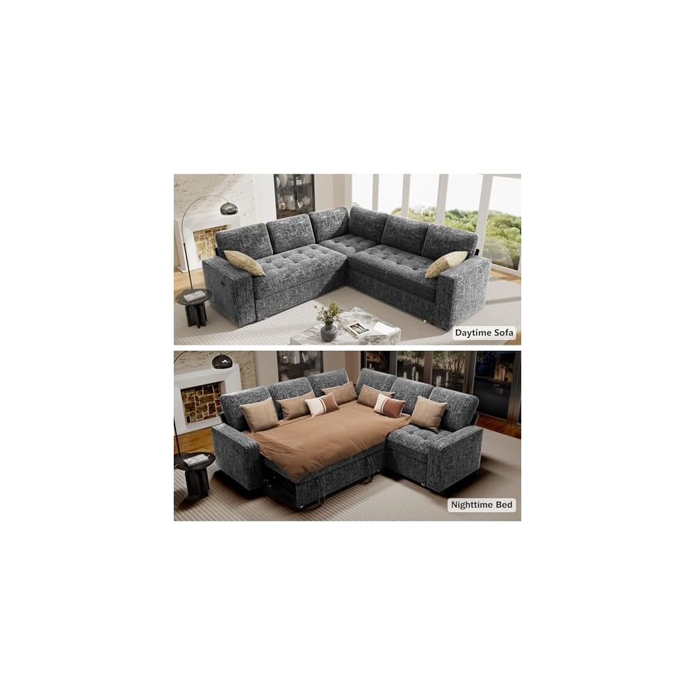 Vipbear 5 Seat L Shaped Modular Sectional Sleeper Sofa Bed with Pull Out Bed/Reclining Backrest/USB Ports/Storage Seat, Sectional Sleeper Couch, Tool-Free Assembly, Chenille Dark Grey