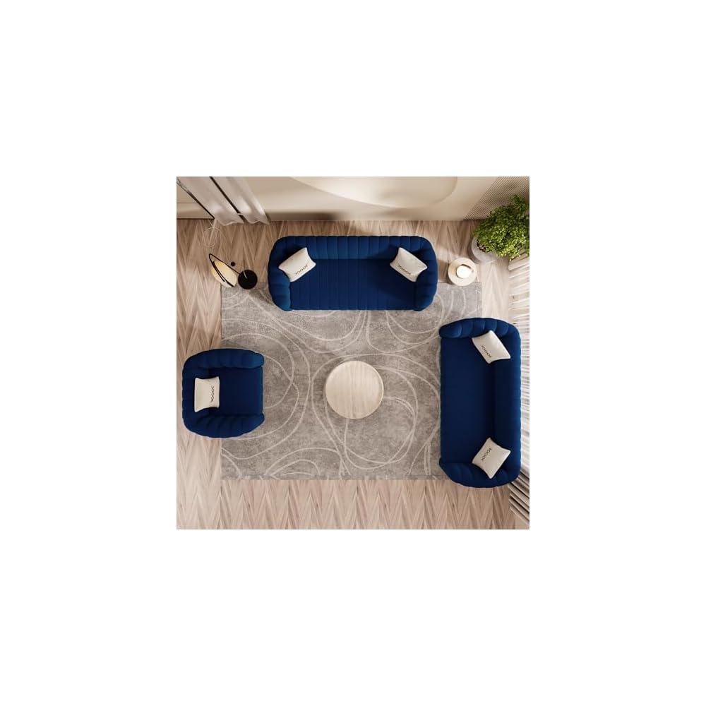 Modern 3-Piece Blue Velvet Sofa Set for Living Room, Tufted Curved Couch Set with Gold Metal Sphere Legs (Blue, 1+3+3 Set)