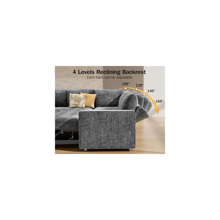 Vipbear 5 Seat L Shaped Modular Sectional Sleeper Sofa Bed with Pull Out Bed/Reclining Backrest/USB Ports/Storage Seat, Sectional Sleeper Couch, Tool-Free Assembly, Chenille Dark Grey