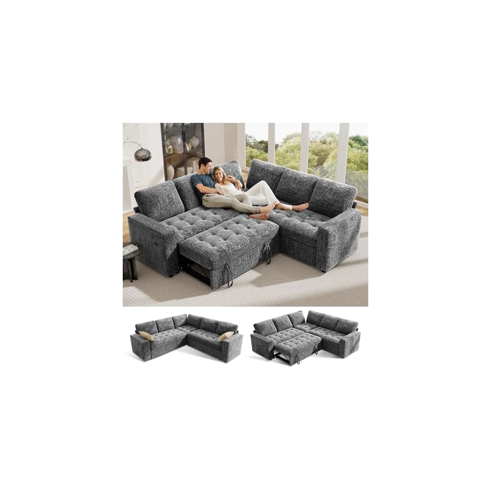 Vipbear 5 Seat L Shaped Modular Sectional Sleeper Sofa Bed with Pull Out Bed/Reclining Backrest/USB Ports/Storage Seat, Sectional Sleeper Couch, Tool-Free Assembly, Chenille Dark Grey