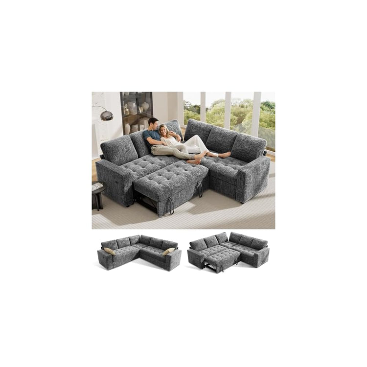 Vipbear 5 Seat L Shaped Modular Sectional Sleeper Sofa Bed with Pull Out Bed/Reclining Backrest/USB Ports/Storage Seat, Sectional Sleeper Couch, Tool-Free Assembly, Chenille Dark Grey