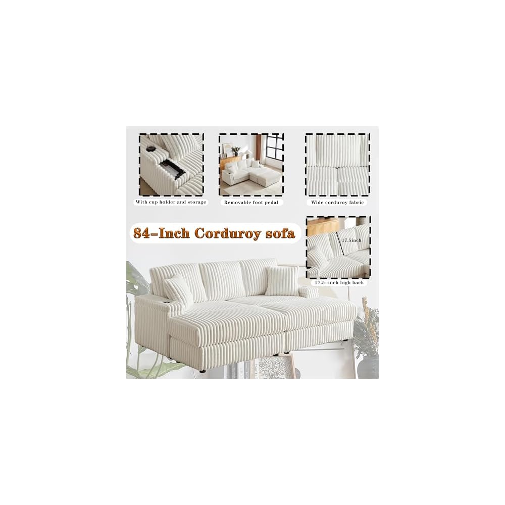 84Inch Corduroy 3-Seater Sofa with 3 Back Pillows,2 toss Pillows, a Ottoman,2storage Spaces and Cup-Holding Grooves Comfy Sofa- Deep Seat Couch for Living Room,Beige