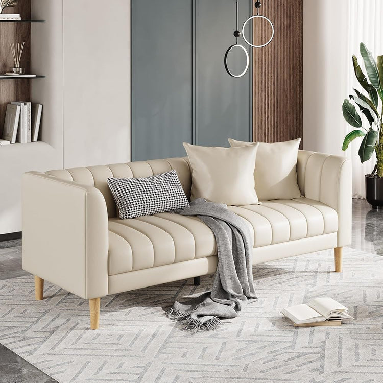 83 in Faux Leather Sofa Couch, Modern 3 Seater Sofa with Deep Seats, 2 Throw Pillows, Ergonomic Cushions and Wood Legs, Easy Assembly for Living Room, Bedroom, Apartment, Beige
