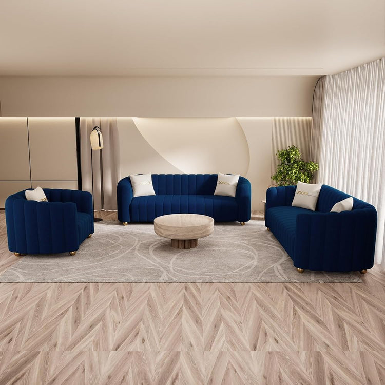 Modern 3-Piece Blue Velvet Sofa Set for Living Room, Tufted Curved Couch Set with Gold Metal Sphere Legs (Blue, 1+3+3 Set)