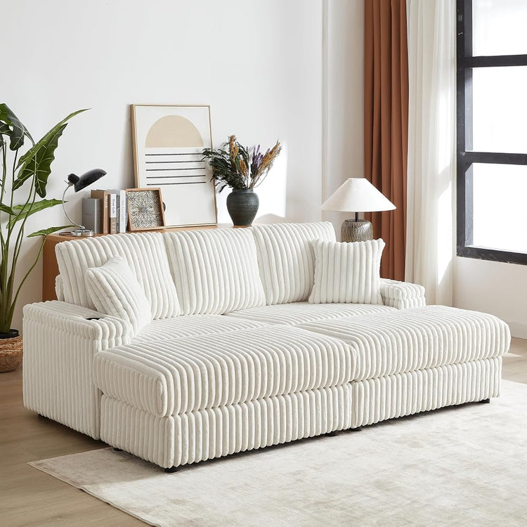 84Inch Corduroy 3-Seater Sofa with 3 Back Pillows,2 toss Pillows, a Ottoman,2storage Spaces and Cup-Holding Grooves Comfy Sofa- Deep Seat Couch for Living Room,Beige